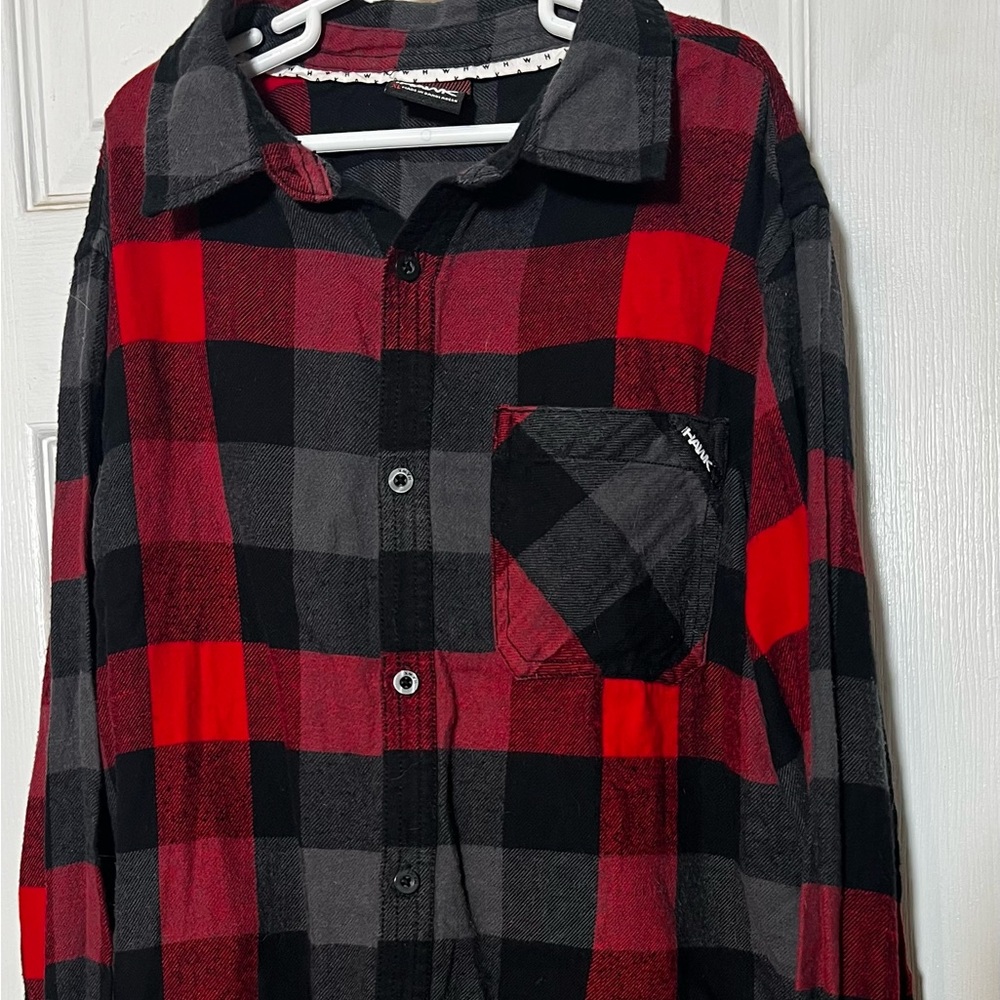 Tony Hawk Flannel Shirt Red/Black/Gray Plaid Long Sleeve Button Down